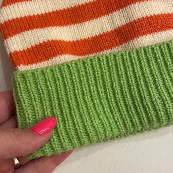Kids unisex roll down beanie hat stripes w/ Pom Pom orange / cream / green - Picture 4 of 9